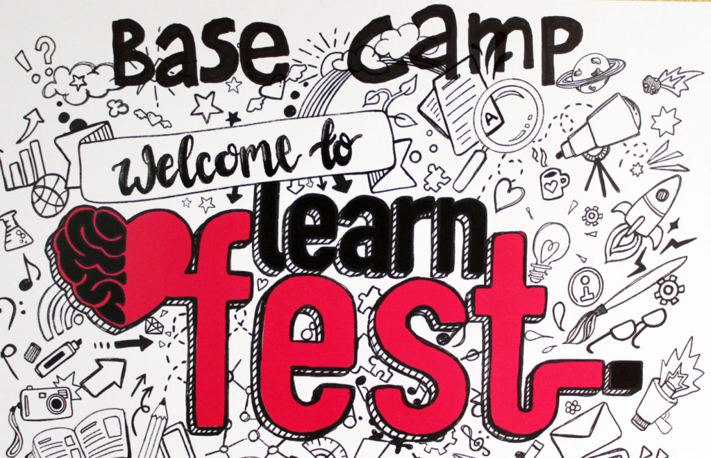 welcome image with writing saying Base Camp, Welcome to learn fest.